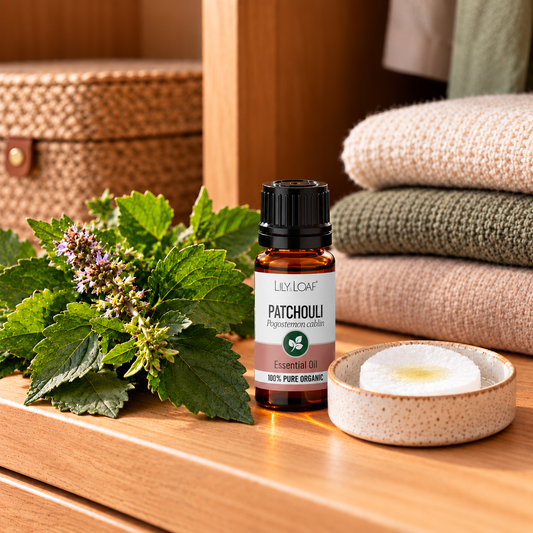 Patchouli Essential Oil wardrobe freshener with scented cotton pad in a ceramic dish, patchouli leaves and folded clothing on a wooden shelf