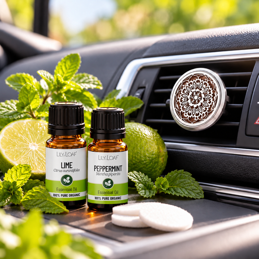 Peppermint and Lime essential oil car diffuser with fresh mint leaves, sliced lime and amber essential oil bottles
