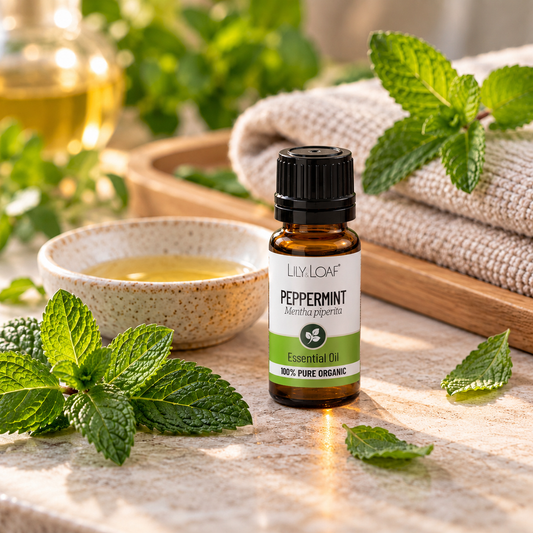 Peppermint essential oil massage blend in an amber glass bottle with fresh mint leaves and a small ceramic dish