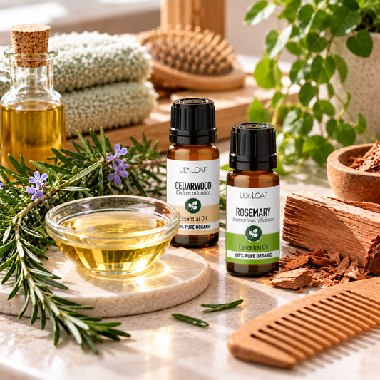 Rosemary and Cedarwood pre-wash scalp oil with amber essential oil bottles, fresh rosemary, cedarwood and a bowl of carrier oil