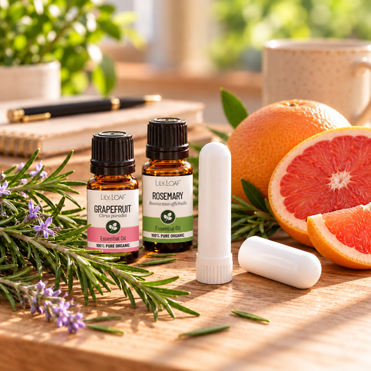 Rosemary and Grapefruit aromatherapy inhaler with amber essential oil bottles, fresh rosemary and sliced grapefruit on a desk