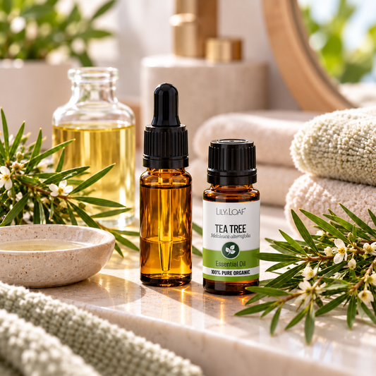 Tea Tree Essential Oil and Jojoba skincare blend in amber glass bottles with fresh botanical leaves on a bathroom vanity