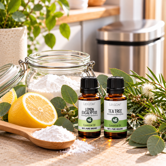 Tea Tree and Lemon Eucalyptus essential oil bin freshener with bicarbonate of soda, a glass jar and botanical leaves