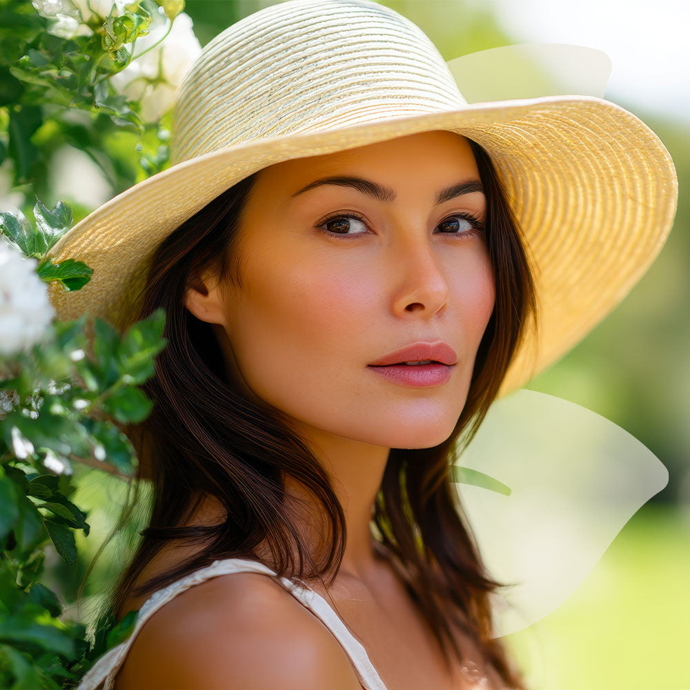 Woman wearing a straw hat in a garden setting