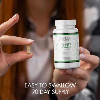 5 HTP with L-Tryptophan lady holding the product bottle and capsule