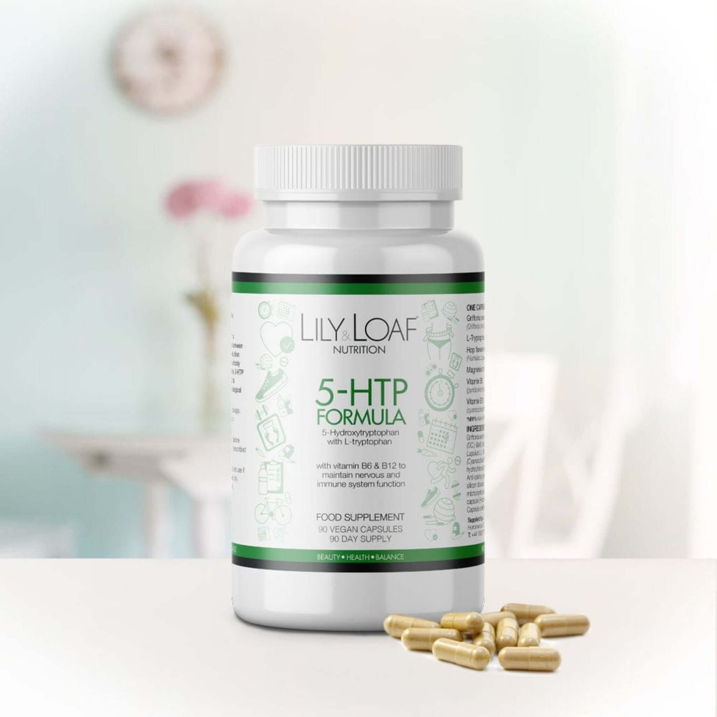 5 HTP with L-Tryptophan front on table