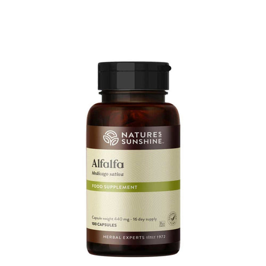 Nature’s Sunshine Alfalfa bottle comes in 100 capsules for a 16 day supply