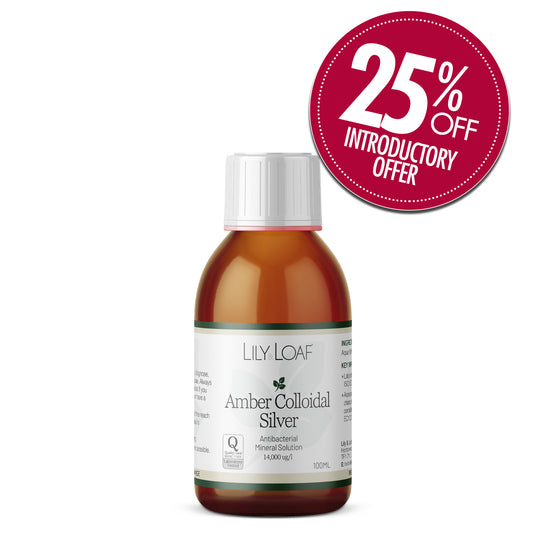 Amber Colloidal Silver 100ml with 25% off introductory offer badge