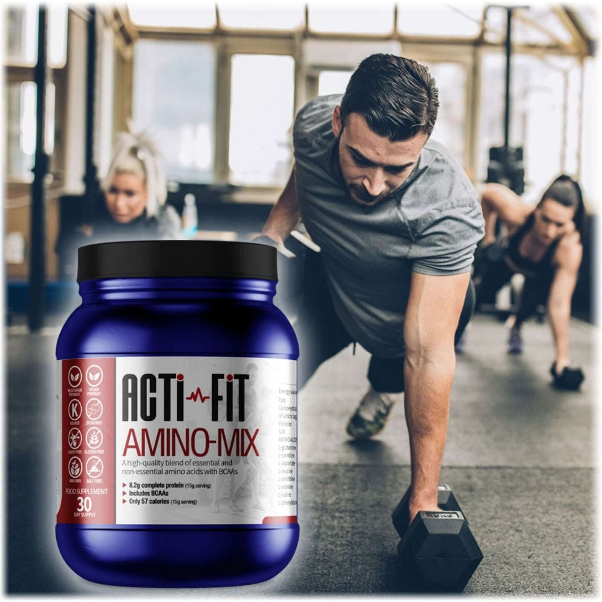 A man working out with dumb bells with a tub of Amino Mix in the foreground