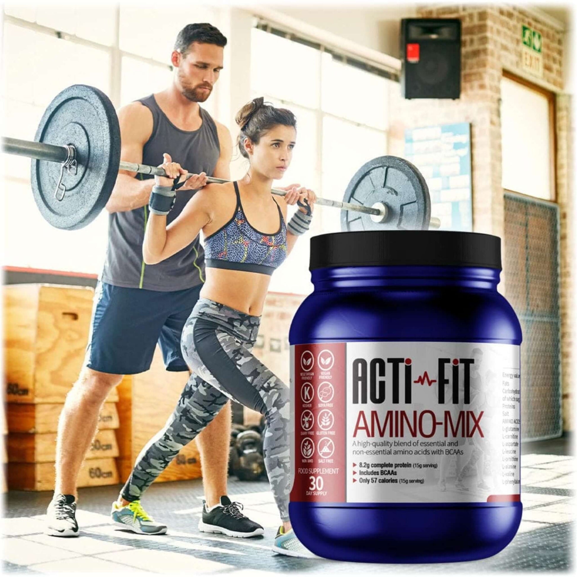 A woman working out at the gym with a tub of Amino Mix in the foreground