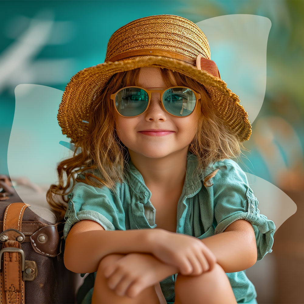 Child wearing a straw hat and sunglasses with a suitcase, sitting on a chair.