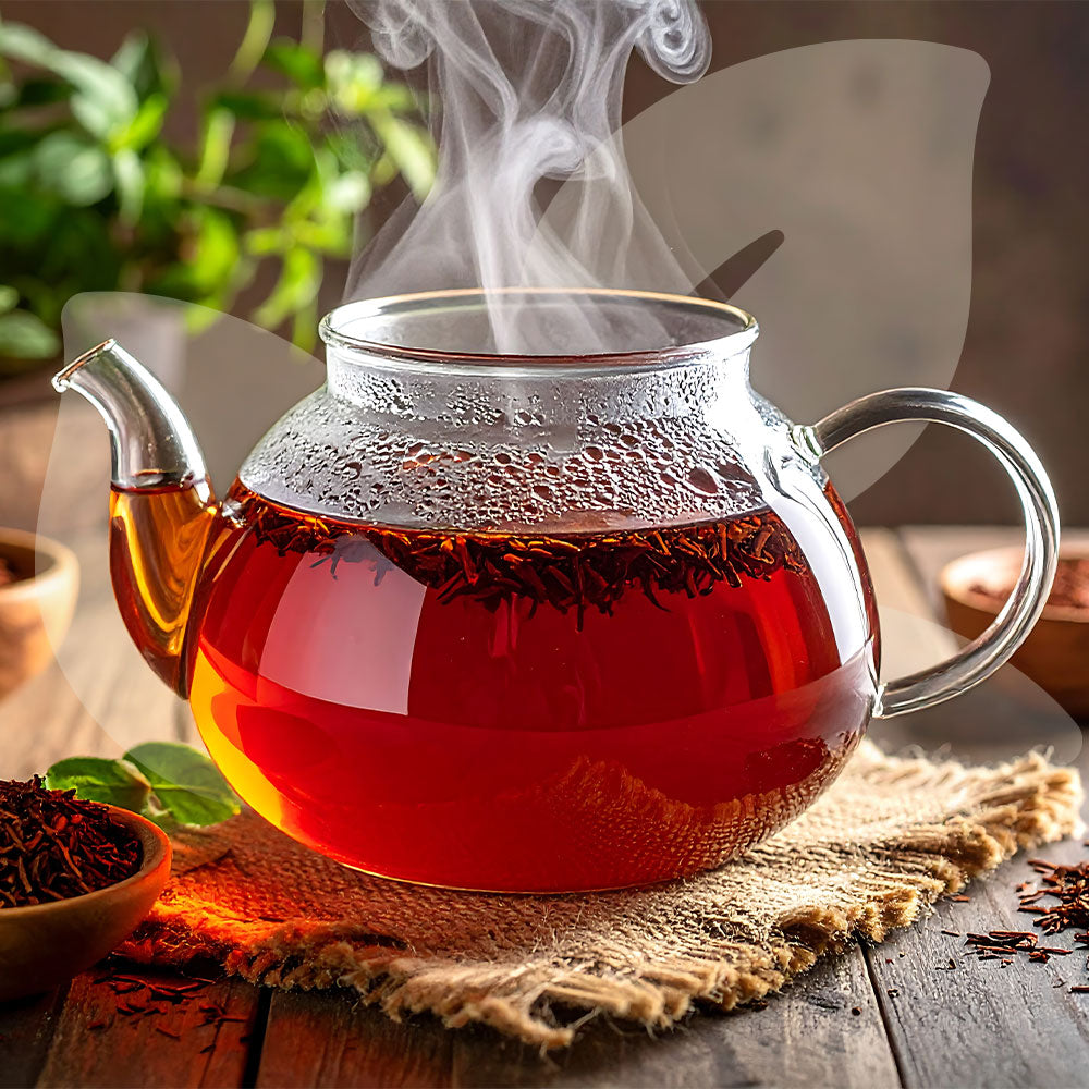 Steaming glass teapot filled with red tea on a wooden table with a blurred background