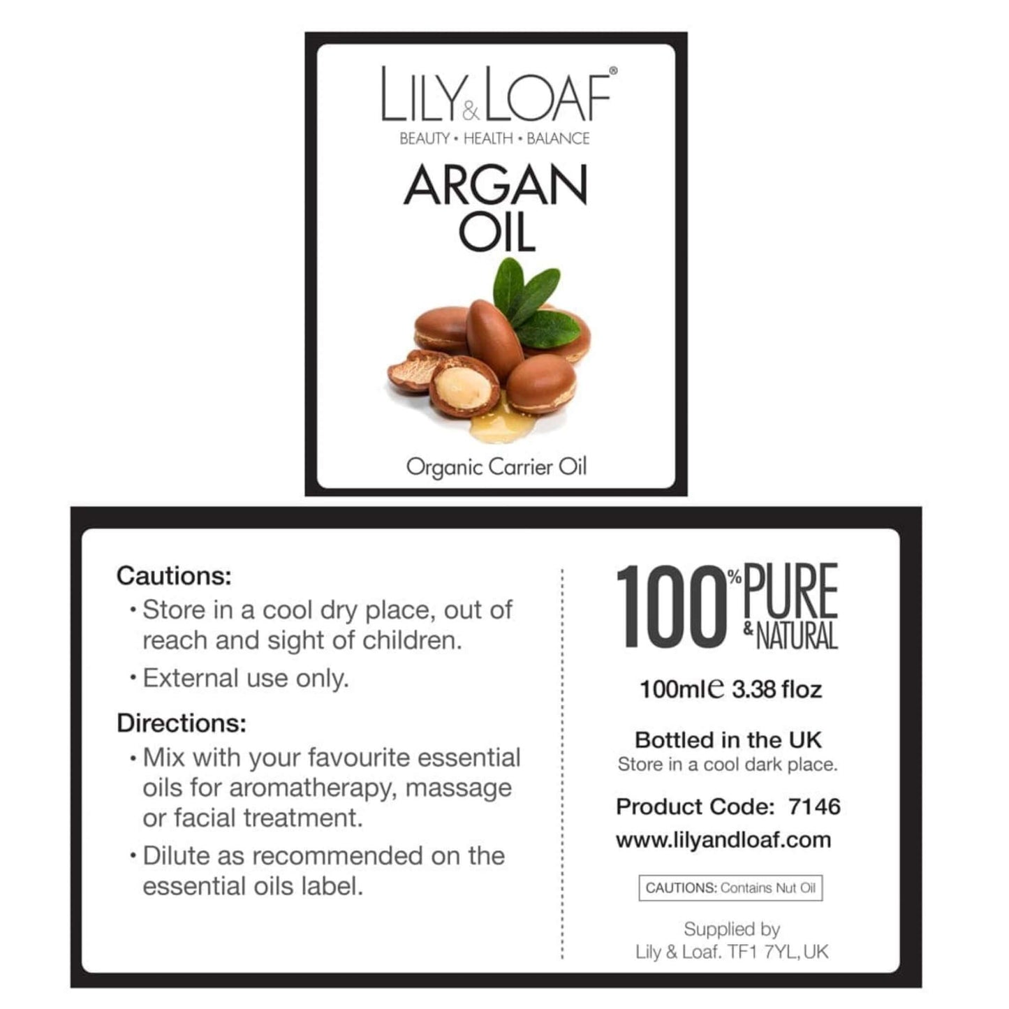 Lily & Loaf Argan Organic Carrier Oil (100ml) label information