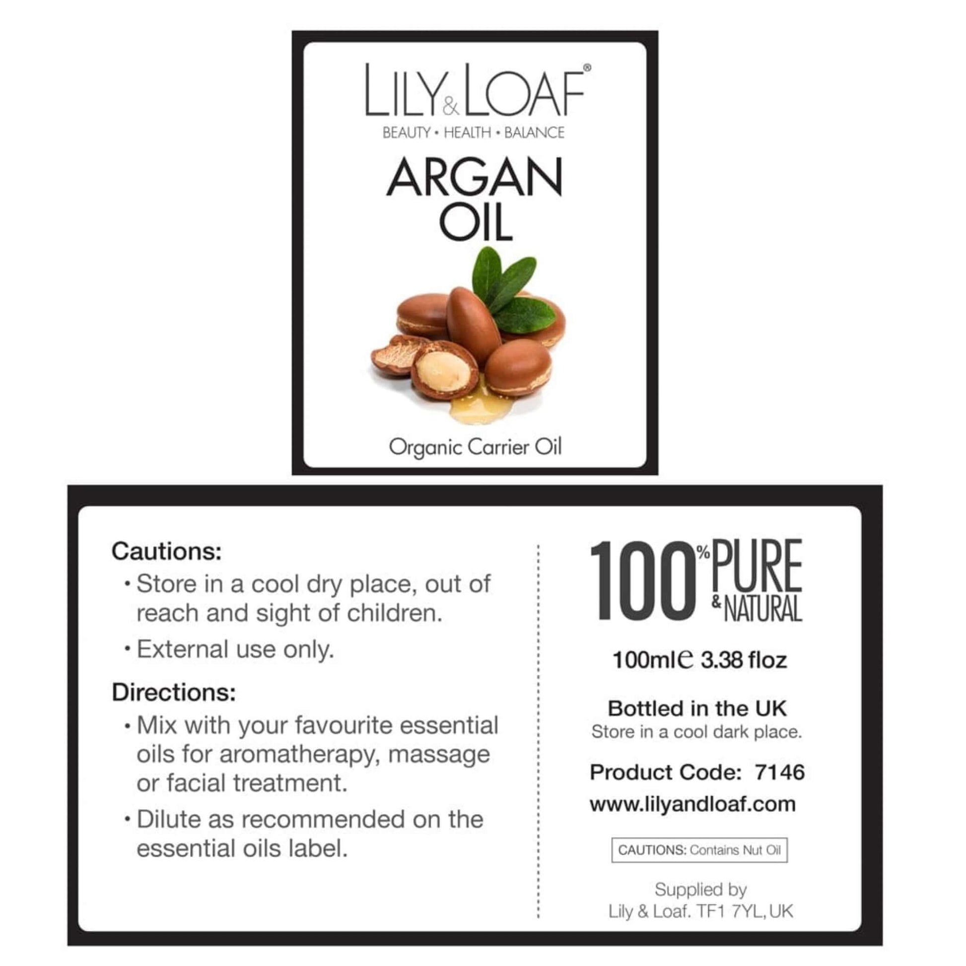 Lily & Loaf Argan Organic Carrier Oil (100ml) label information