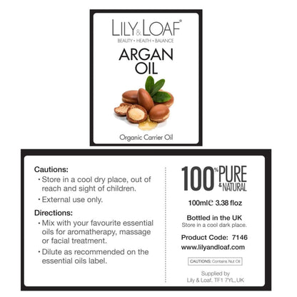 Lily & Loaf Argan Organic Carrier Oil (100ml) label information