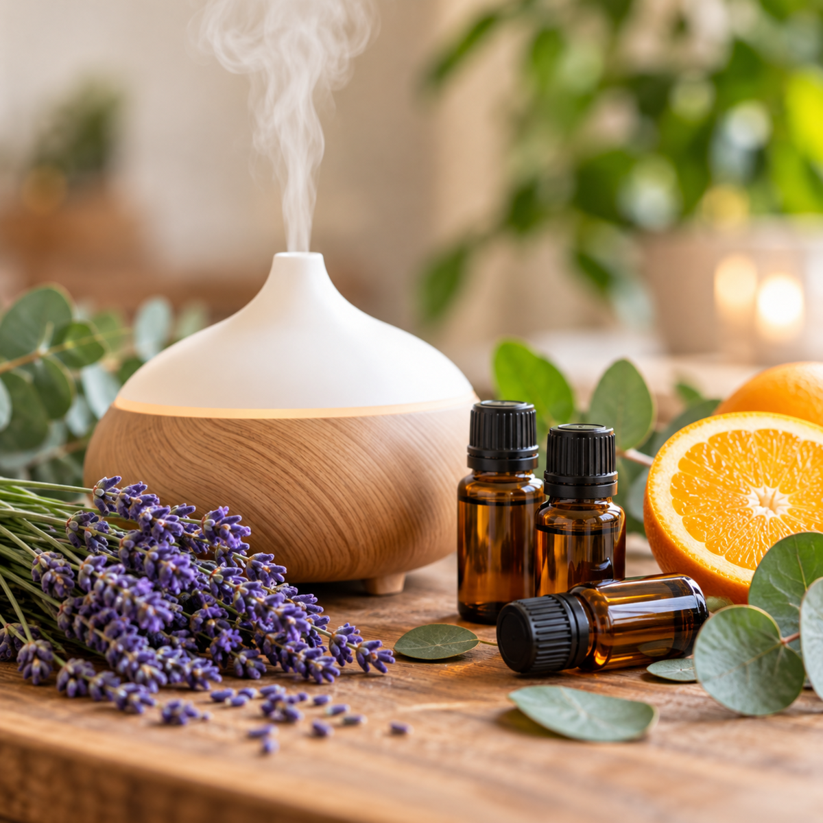 A wooden and white essential oil diffuser with rising steam is styled on a wooden table with lavender buds, eucalyptus leaves, amber bottles, and sliced oranges.