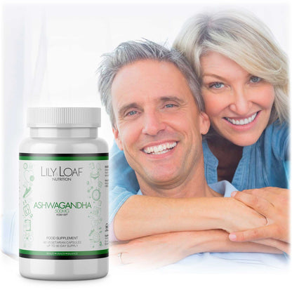 Happy couple with Lily & Loaf Ashwagandha supplement, promoting health and balance.