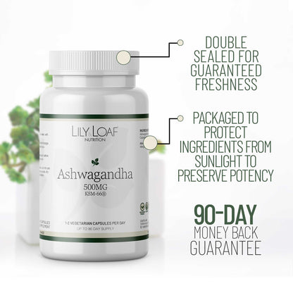 Ashwagandha packaging information and 90-day guarantee