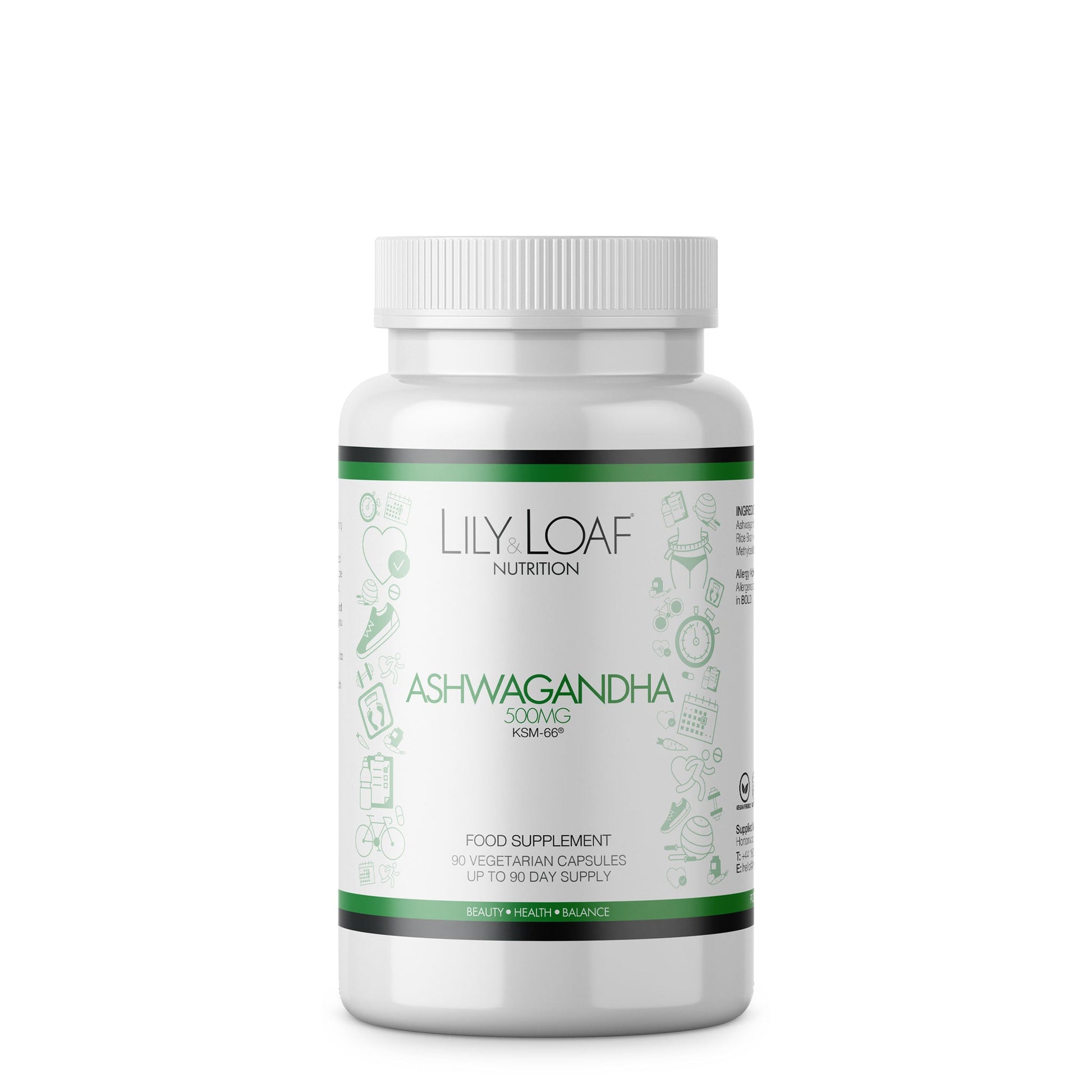 Lily & Loaf Ashwagandha capsules, 90-day supply for stress relief and vitality.