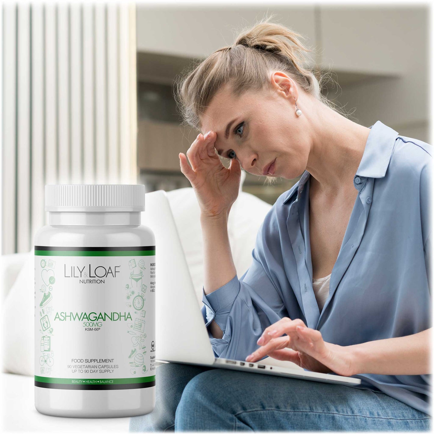Woman managing stress with Lily & Loaf Ashwagandha supplement for wellbeing.