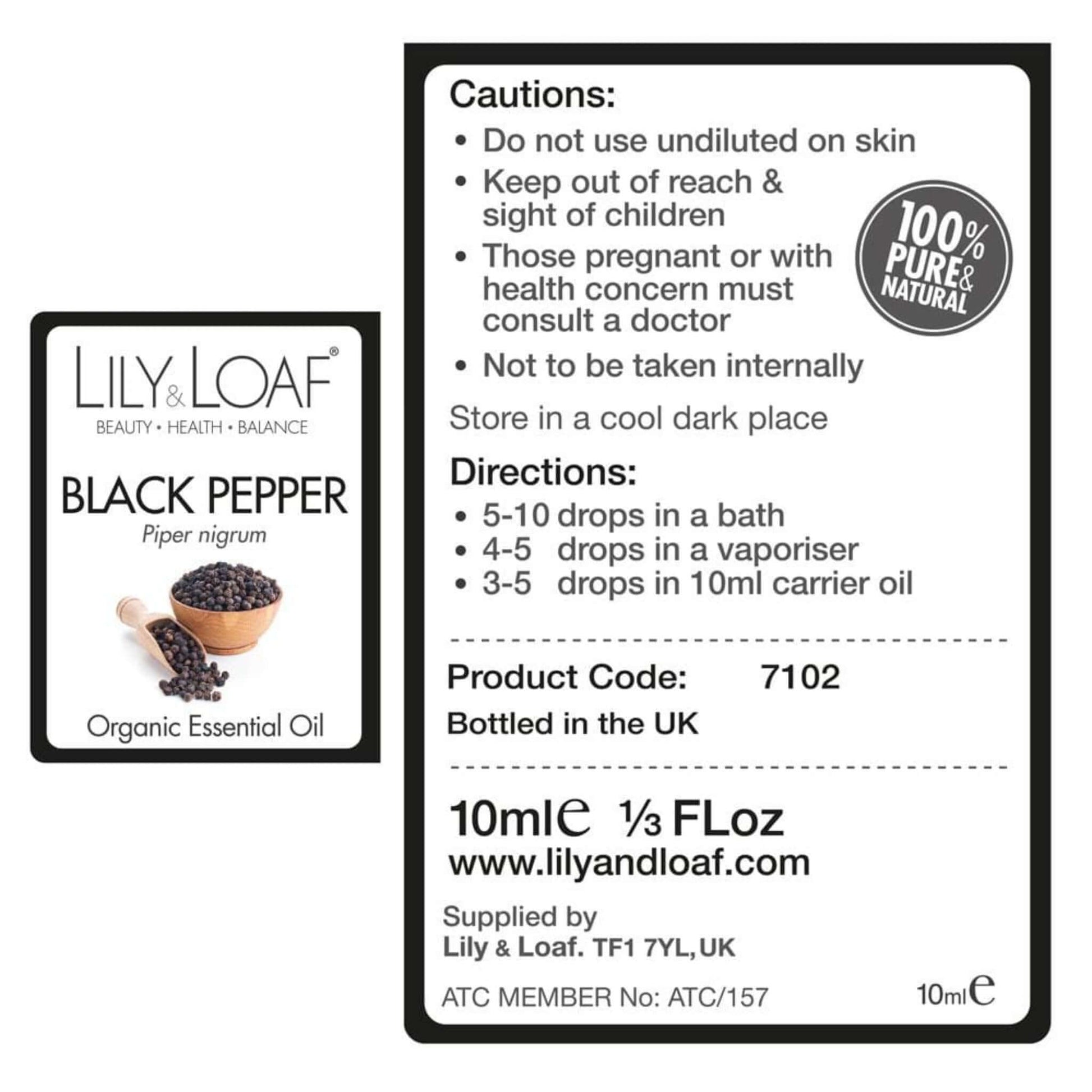 Lily & Loaf Black Pepper Organic Essential Oil label highlighting ingredients and directions for use