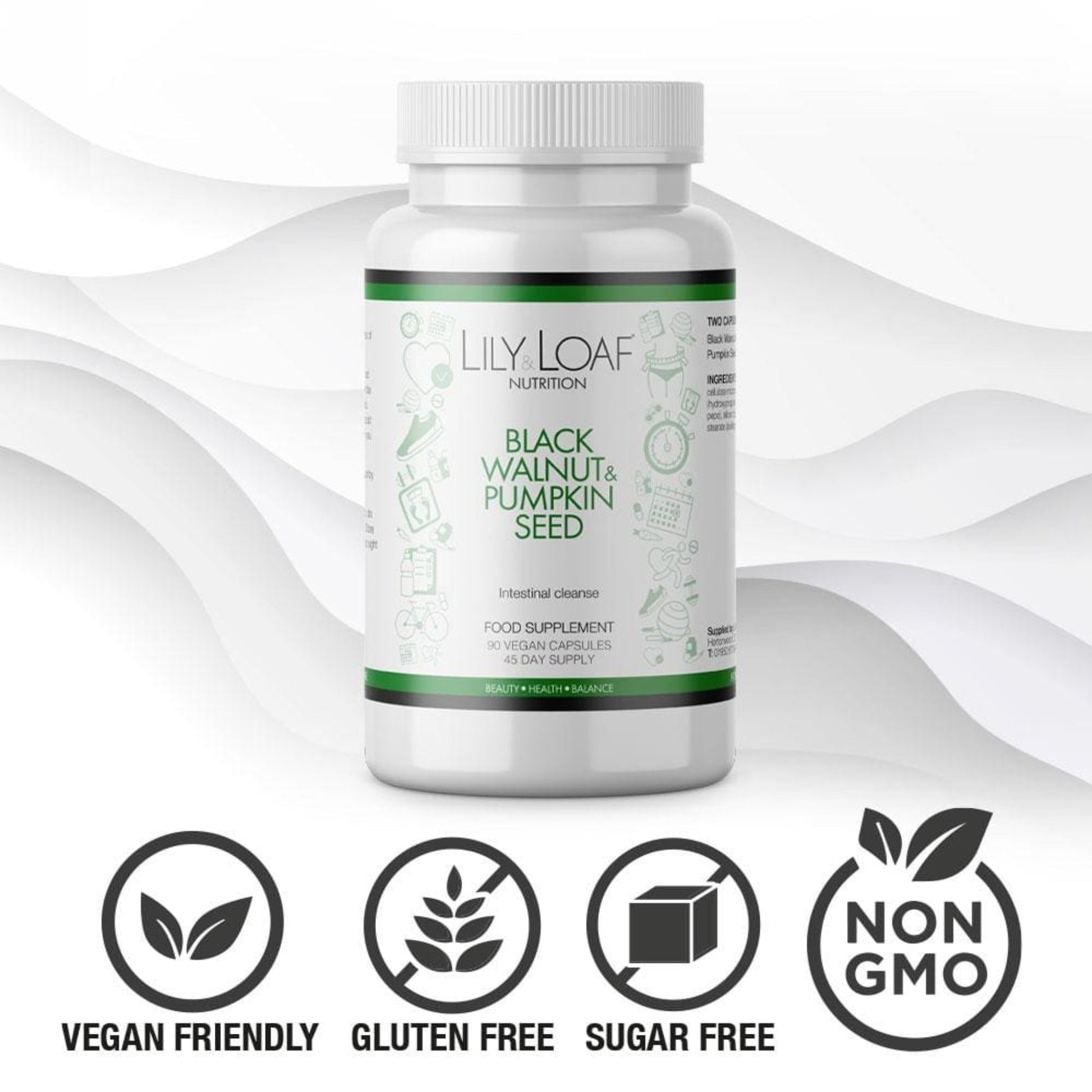 Lily & Loaf Black Walnut & Pumpkin Seed Intestinal Cleanse is vegan friendly, non-GMO, gluten free and sugar free