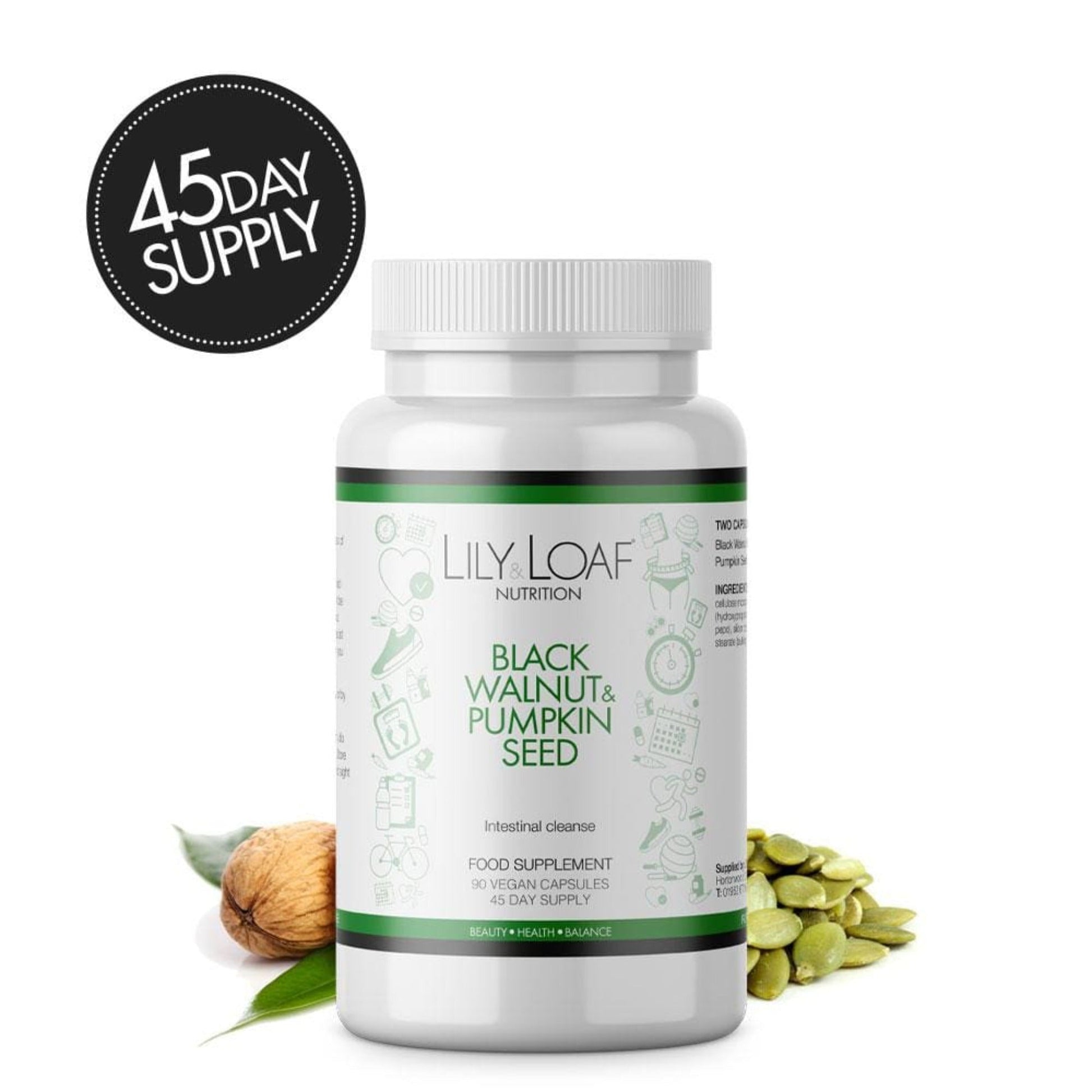 Lily & Loaf Black Walnut & Pumpkin Seed Intestinal Cleanse with ingredients at the base of the product
