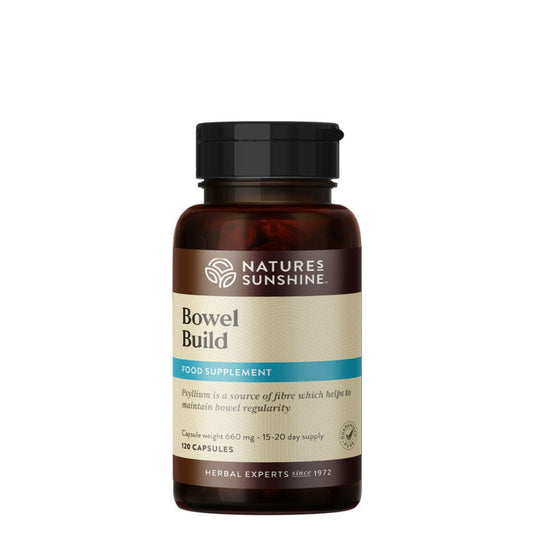 Dark amber bottle of Nature's Sunshine Bowel Build supplement, containing 120 capsules for a 15-20 day supply, promoting bowel regularity.