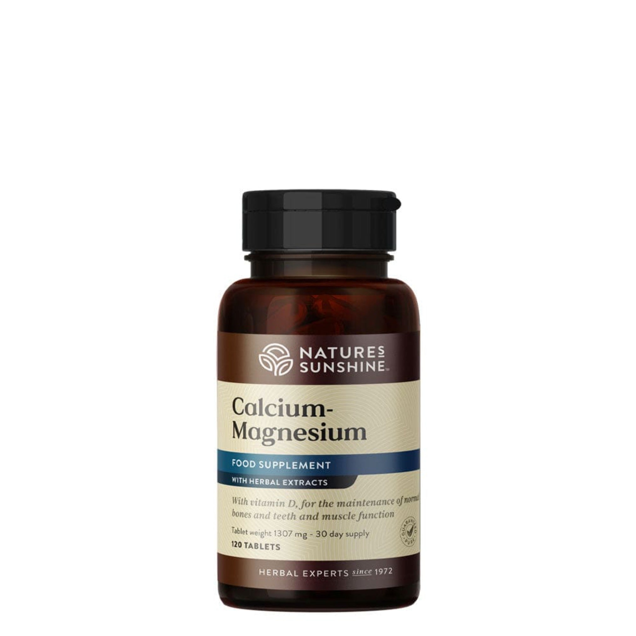 Dark amber bottle of Nature's Sunshine Calcium-Magnesium supplement with vitamin D, containing 120 tablets for a 30-day supply.