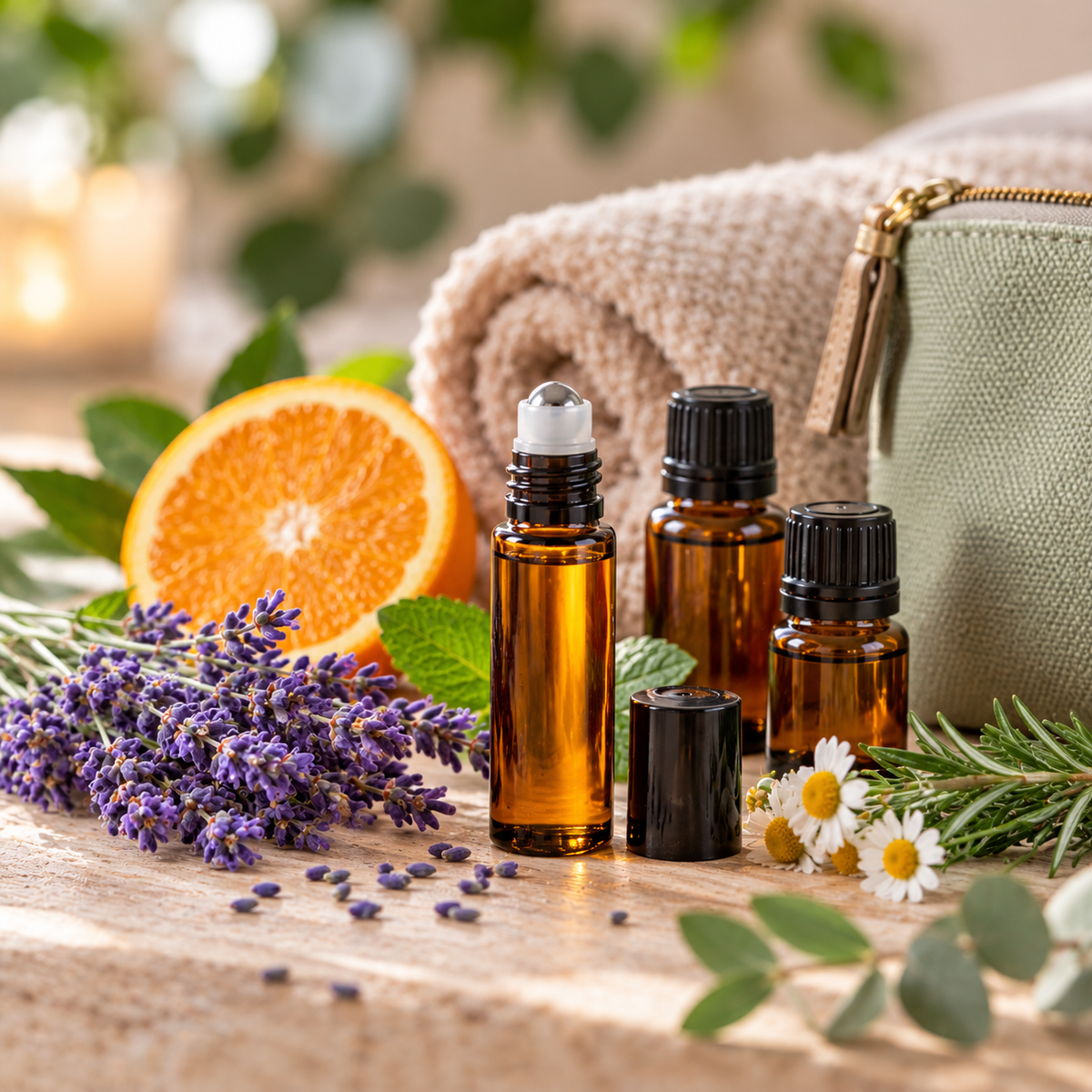 Three amber glass roller bottles arranged on a wooden surface with lavender sprigs, a sliced orange, rosemary, daisies, a rolled towel, and a green pouch in a softly blurred spa-like setting.