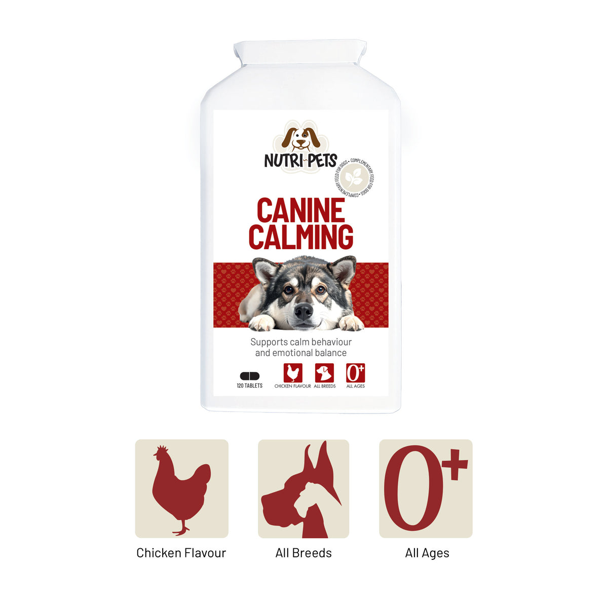 Nutri-Pets Canine Calming tablets showing details of chicken flavour, suitable for all breeds and all ages.