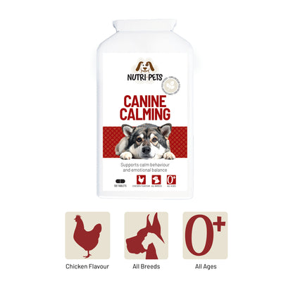 Nutri-Pets Canine Calming tablets showing details of chicken flavour, suitable for all breeds and all ages.