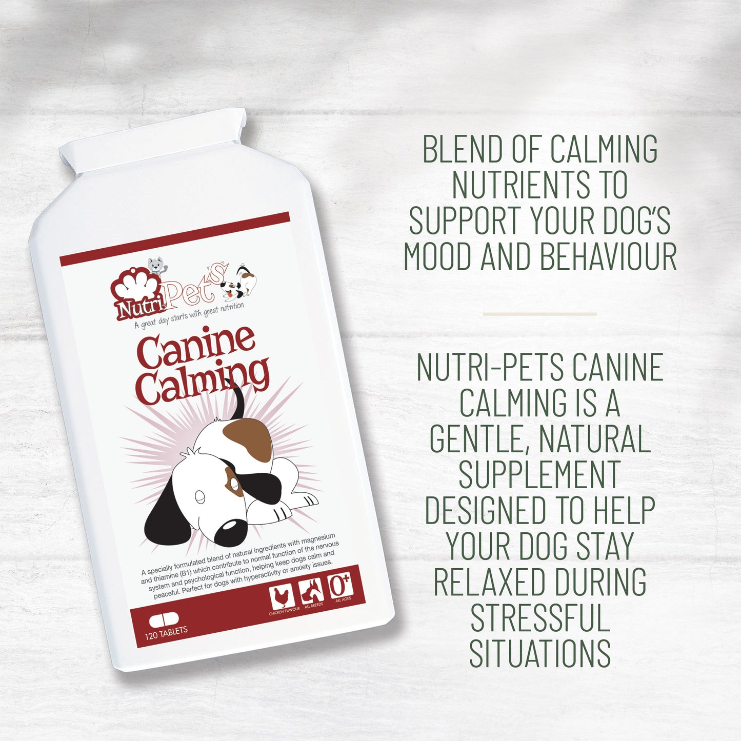 Nutri-Pets Canine Calming supplement bottle showing calming dog formula, designed to support mood, behaviour and relaxation during stressful situations.