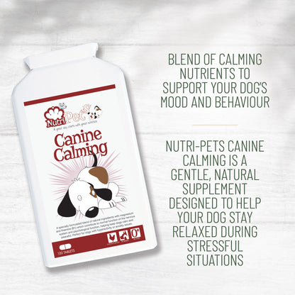 Nutri-Pets Canine Calming supplement bottle showing calming dog formula, designed to support mood, behaviour and relaxation during stressful situations.