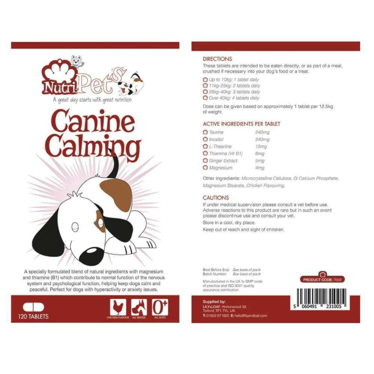 Nutri-Pets Canine Calming label highlighting directions for use and ingredients