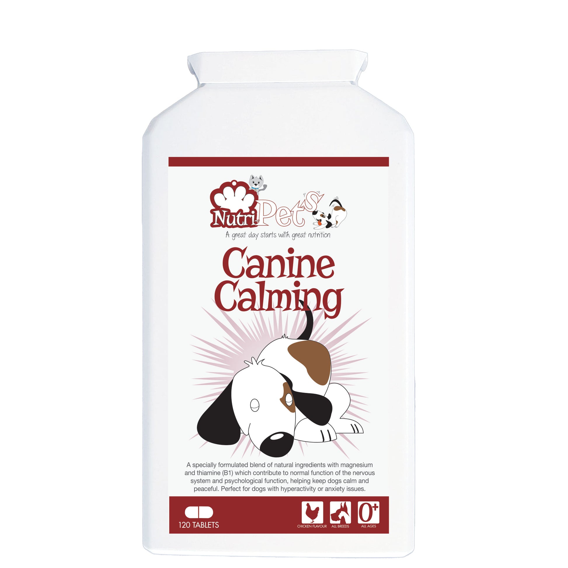 Nutri-Pets Canine Calming supplement bottle, 120 tablets, chicken flavour.
