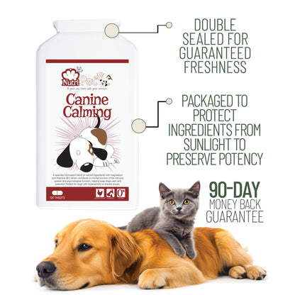 Nutri-Pets Canine Calming supplement bottle highlighting double-sealed packaging, light protection for potency, and 90-day money-back guarantee.