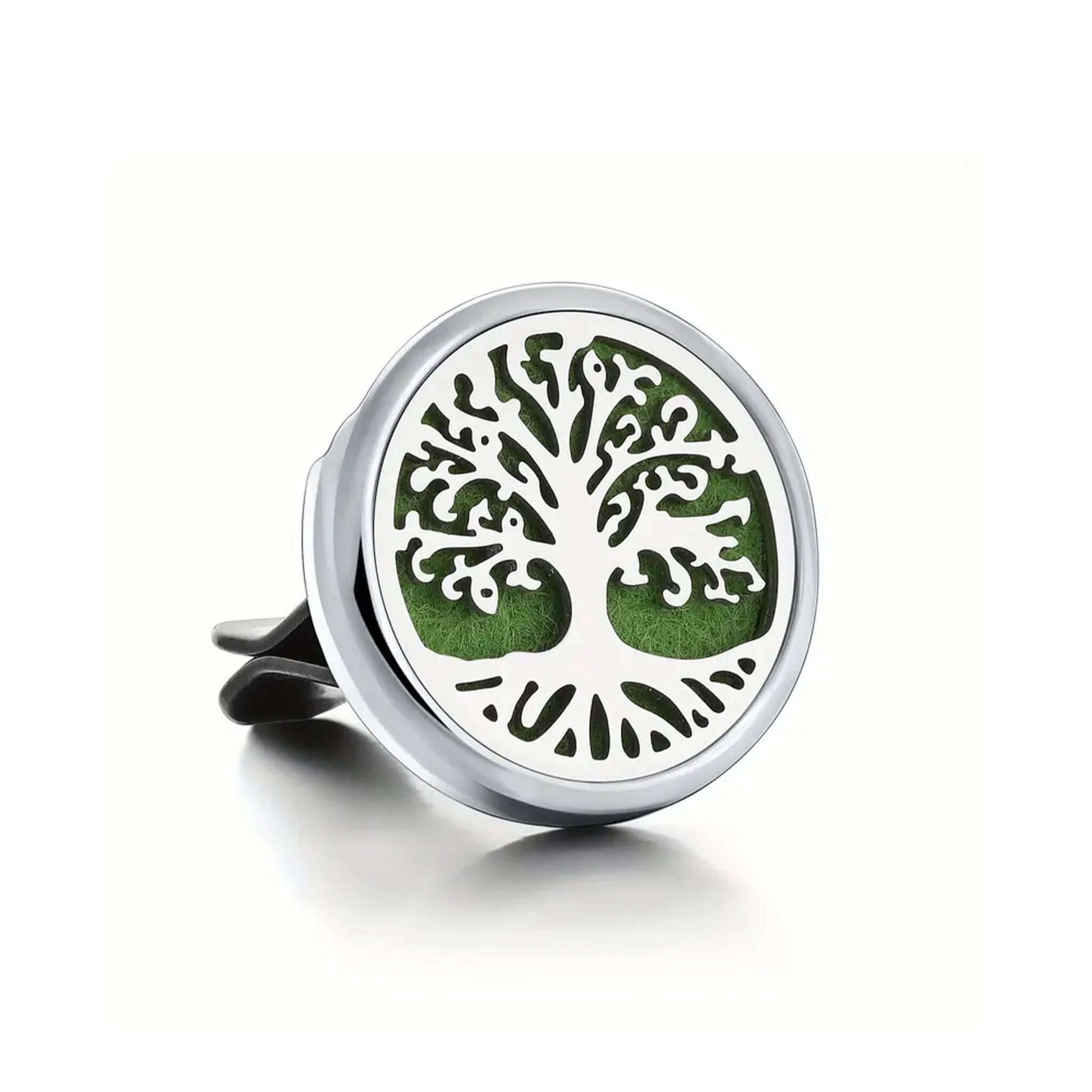 Silver ring car air freshener with a tree of life design on a white background
