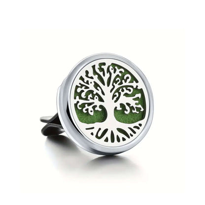 Silver ring car air freshener with a tree of life design on a white background