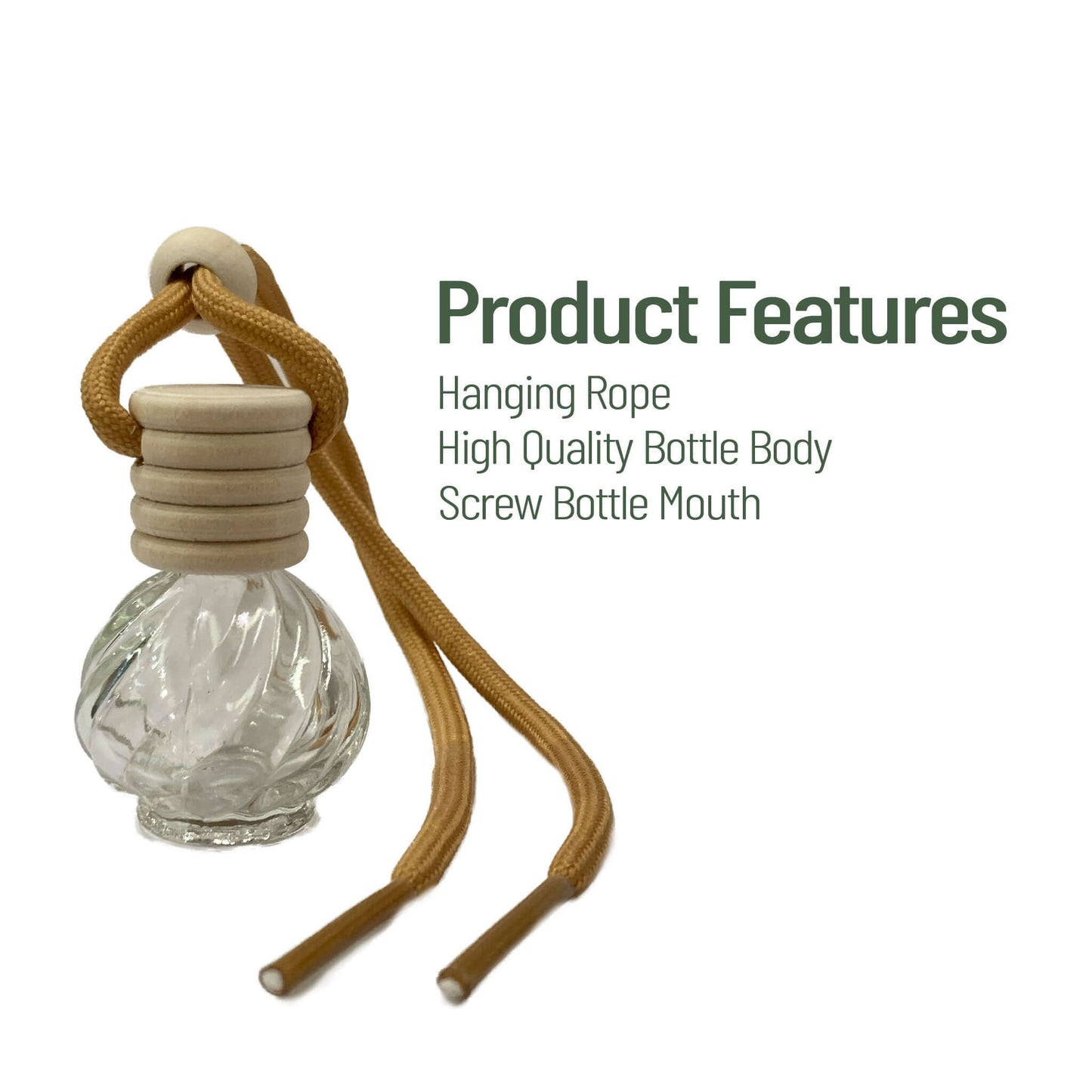 Glass aromatherapy bottle with hanging rope on a white background