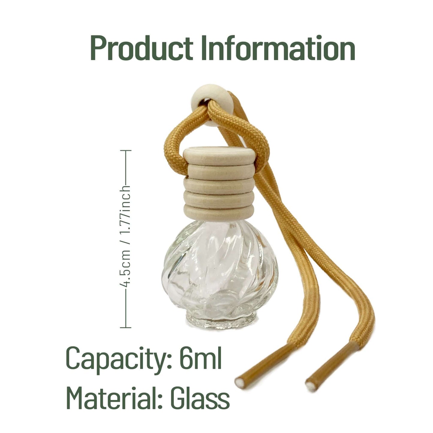 Glass aromatherapy bottle with a yellow rope, labelled with capacity and material details.