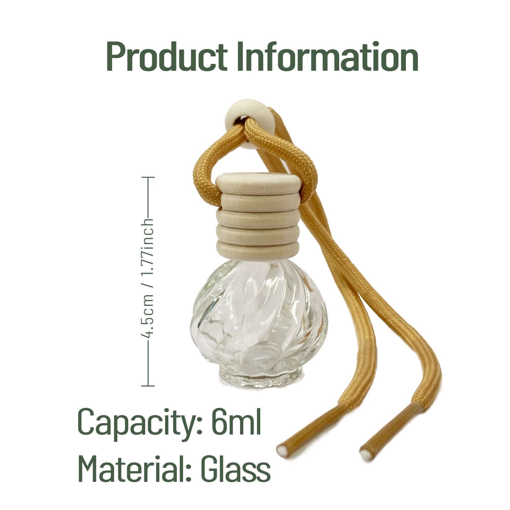 Glass aromatherapy bottle with a yellow rope, labelled with capacity and material details.