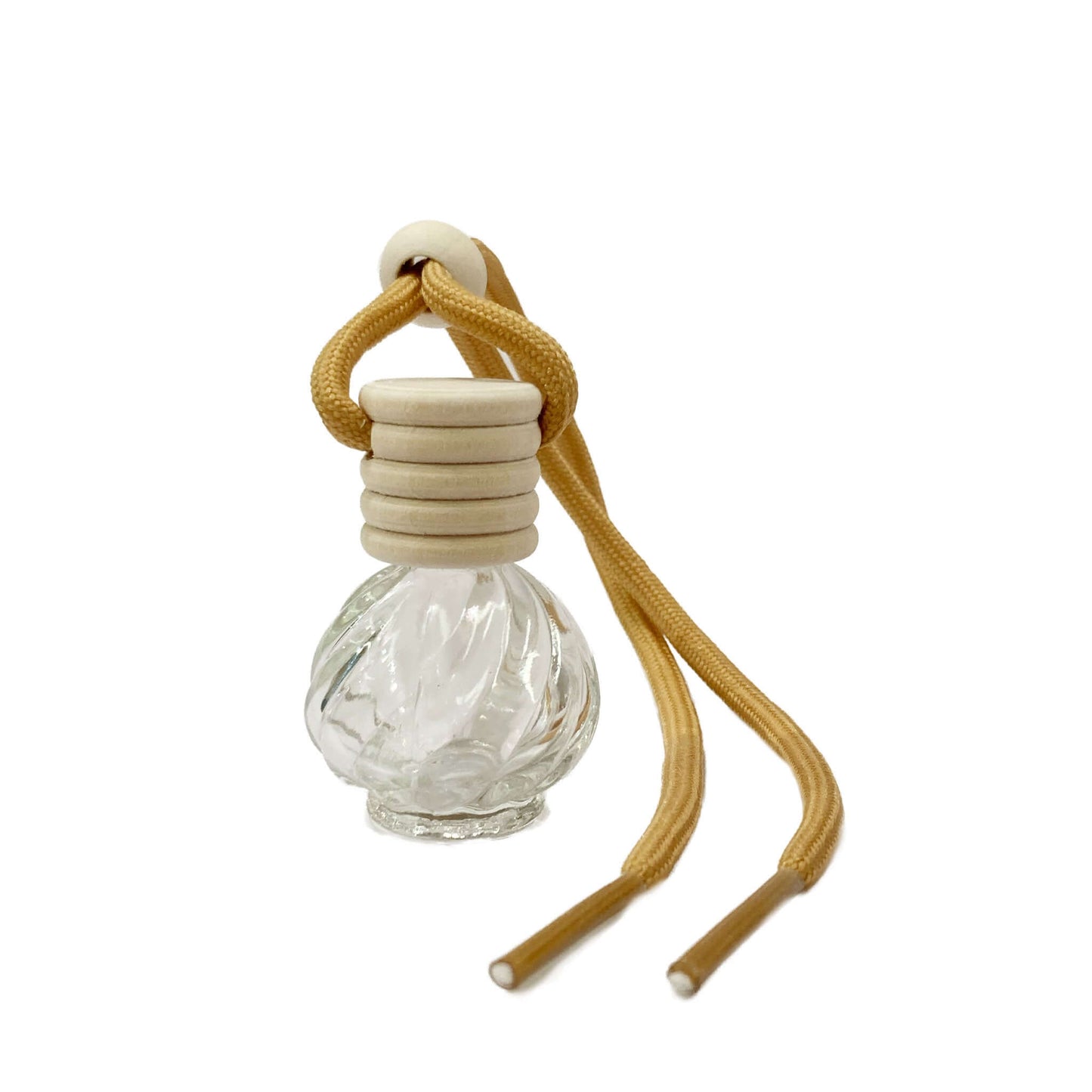 Clear glass car air freshener with beige holder and yellow rope on a white background