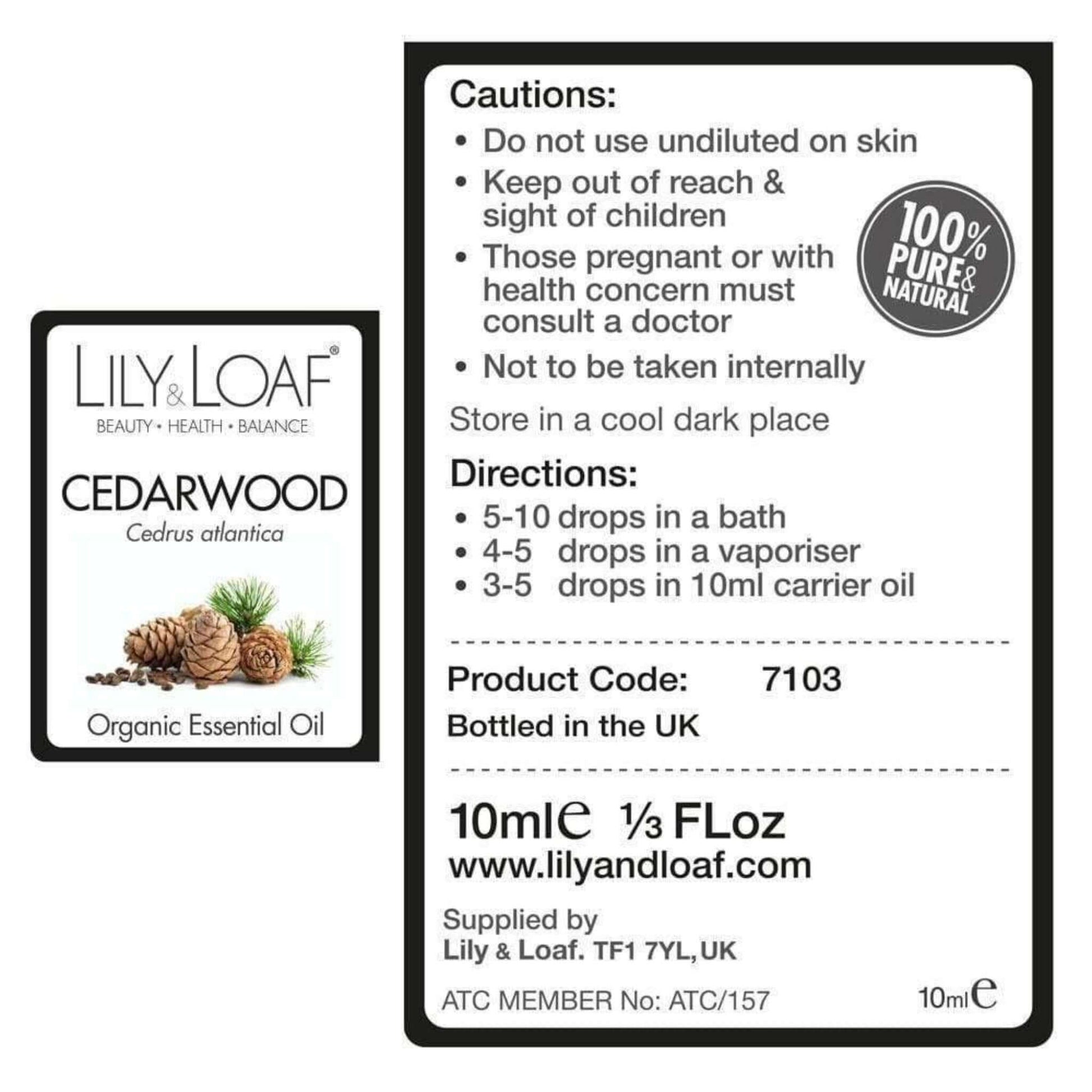 Cedarwood Atlas Organic Essential Oil label information