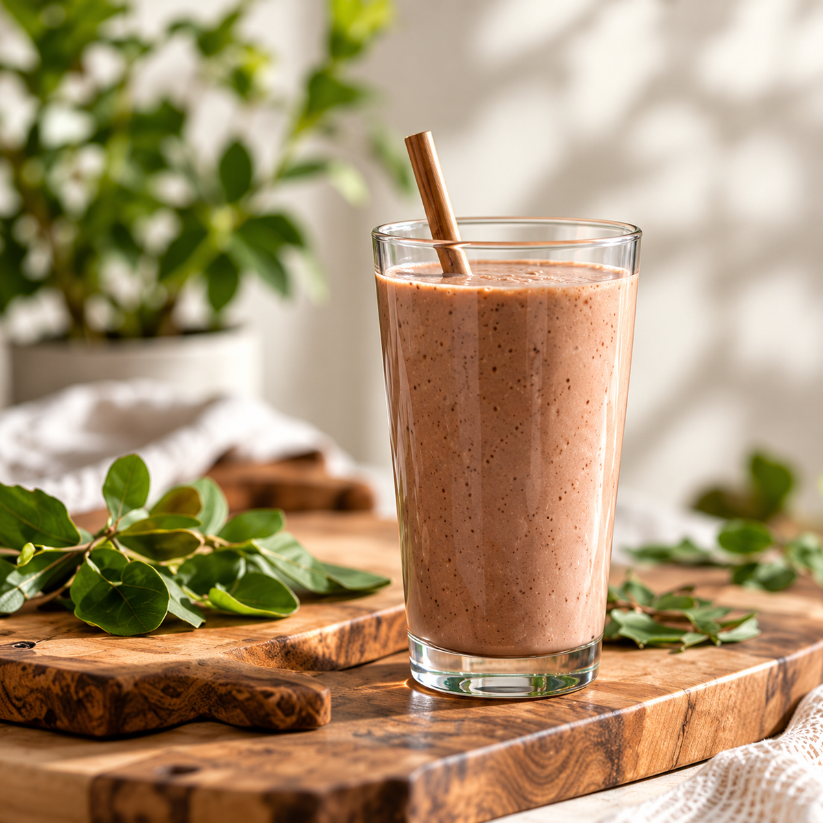 A tall clear glass filled with a thick light brown smoothie and a wooden straw, set on a wooden cutting board with green leaves in a softly lit indoor setting.