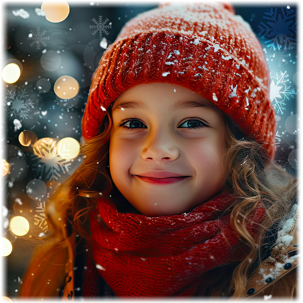 Child wearing a red knit hat and scarf with a snowy background