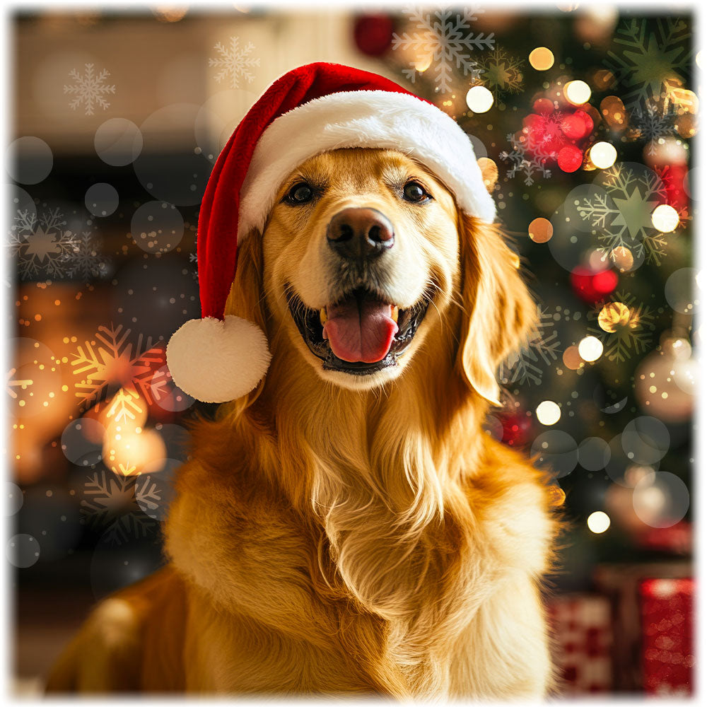 Dog wearing a Santa hat with a Christmas tree and lights in the background