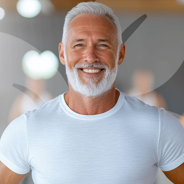 Man with gray hair and beard wearing a white t-shirt against a blurred indoor background