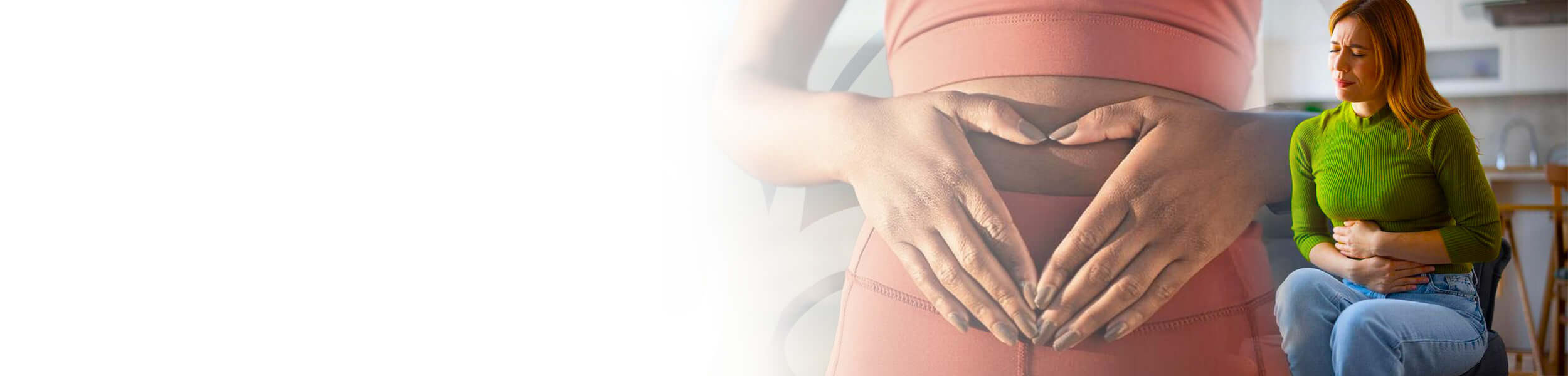 Hands forming heart shape on abdomen and woman holding stomach while seated, representing gut health and digestive awareness