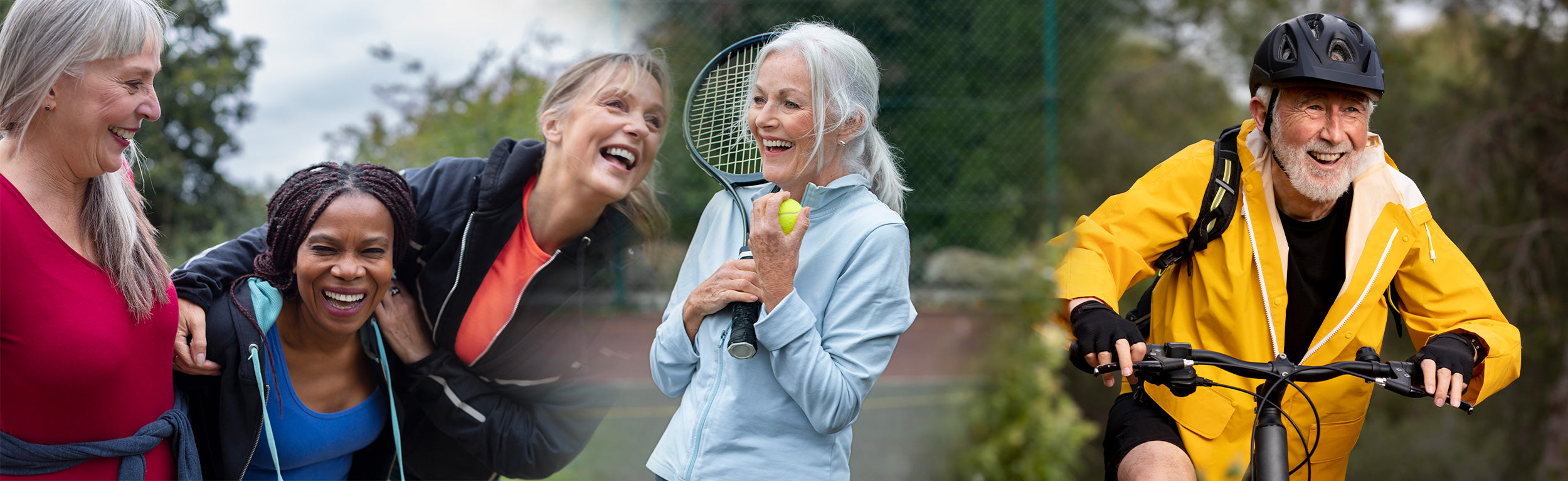Collage of people enjoying outdoor activities including tennis and cycling.